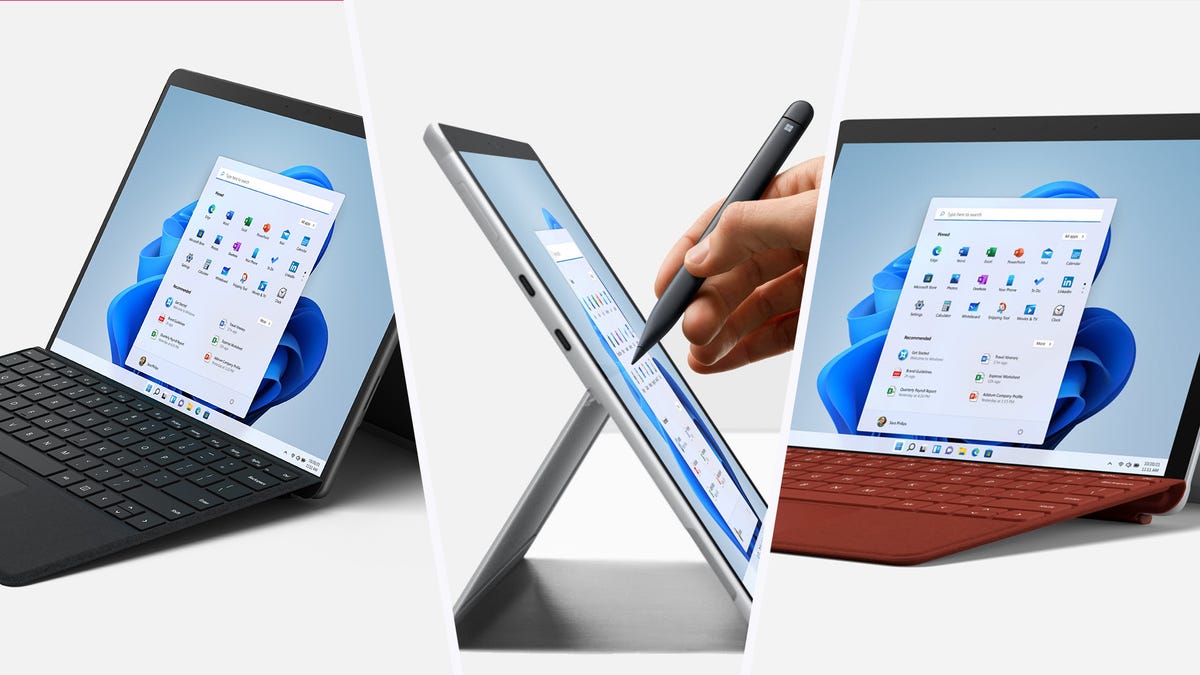 En 3-delad Surface Pro 8, Pro X och Go sida vid sida.