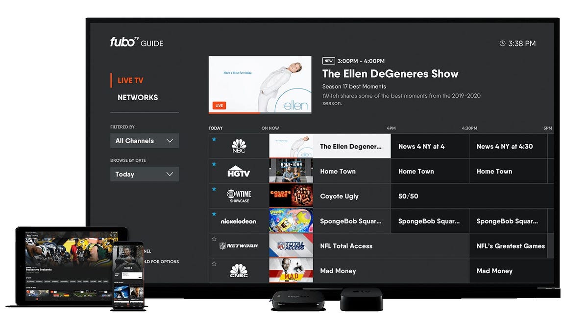 TV-apparater, Macbooks och telefoner visar en FuboTV-guide med flera kanaler.