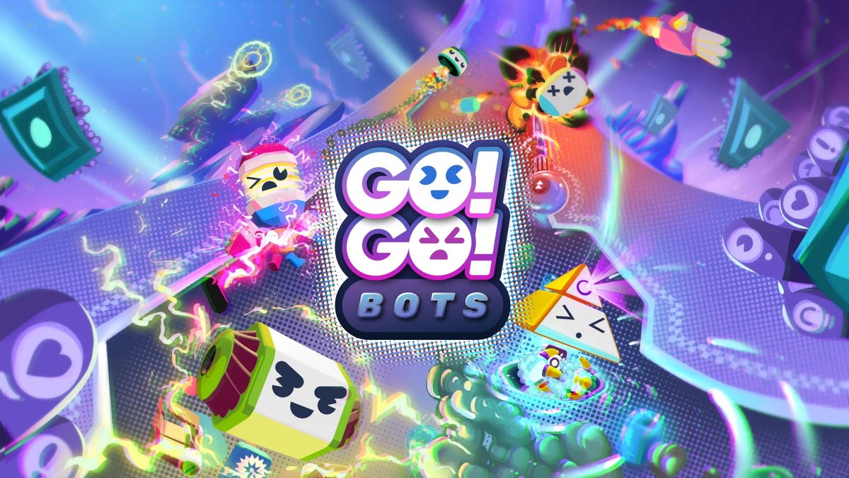 Go Go Bots-ikon på en färgstark bakgrund.