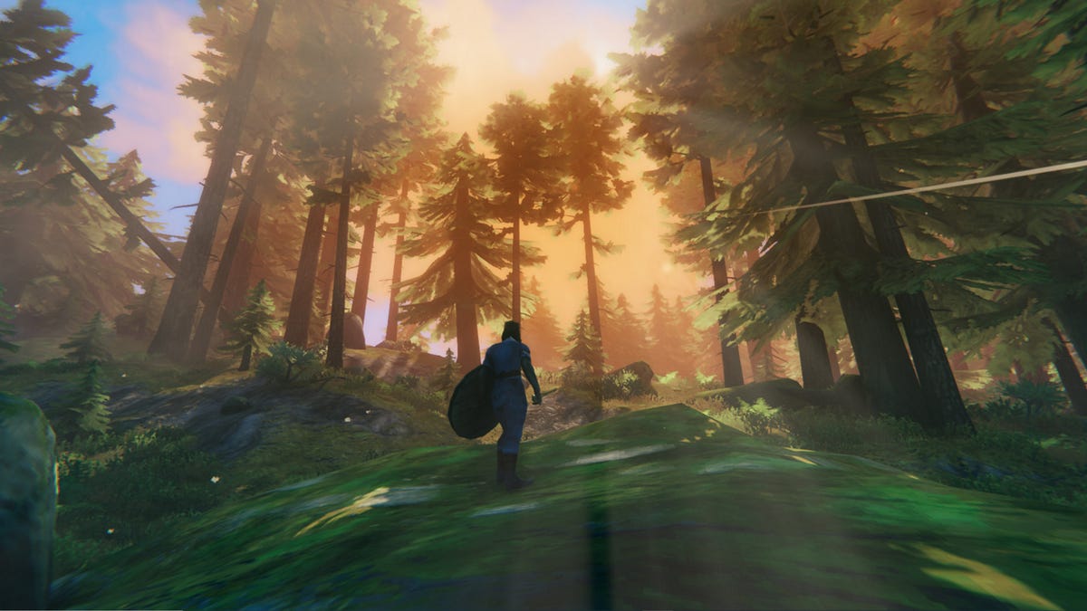 Karakter pemain yang berdiri di hutan 'Valheim'