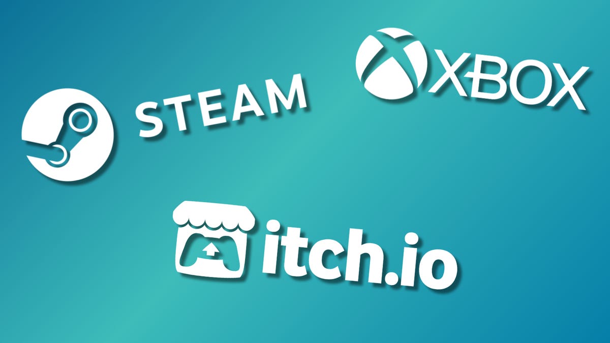 Steam, Xbox och itch.io logotyper på mångfärgade bakgrunder
