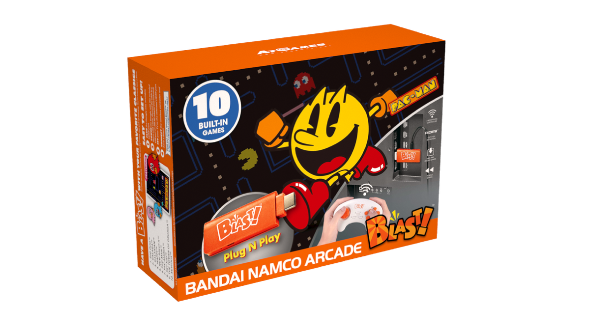 En låda med 'Pac-Man' och andra Bandai-spel.