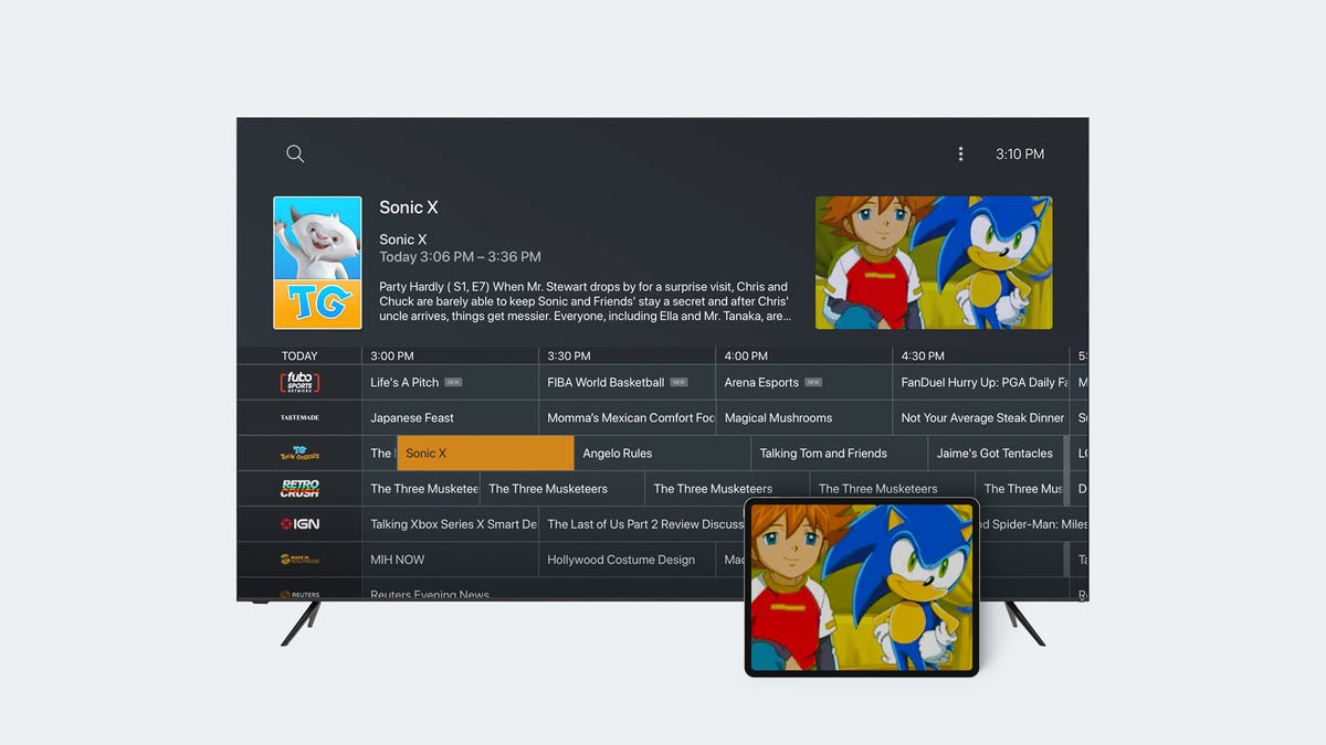 Một TV với các kênh trực tiếp trên Plex, chiếu Sonic X như một sự lựa chọn.