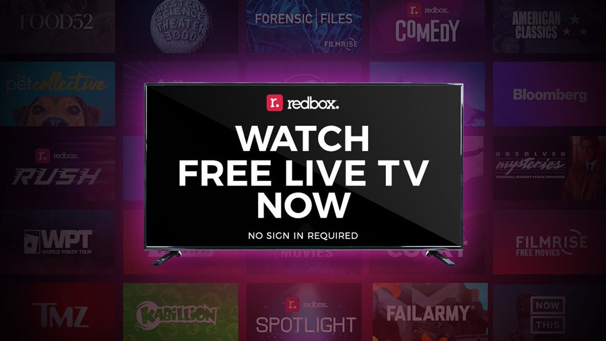 TV có dòng chữ "Xem TV Trực tiếp Miễn phí ngay bây giờ" và biểu trưng Redbox