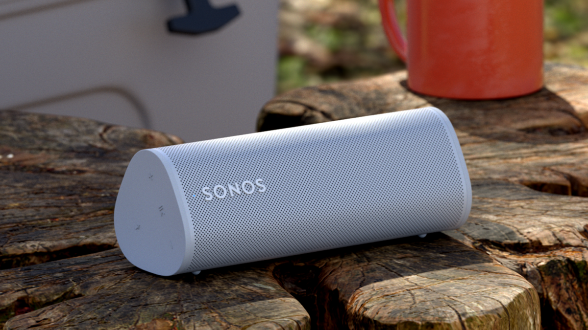 Một loa Sonos Roam trên một khúc gỗ, bên cạnh một chiếc cốc.