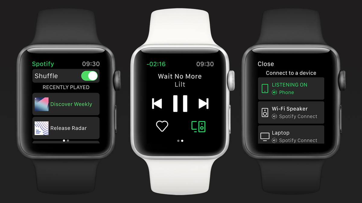 Tiga Apple Jam tangan memiliki aplikasi Spotify yang terbuka.