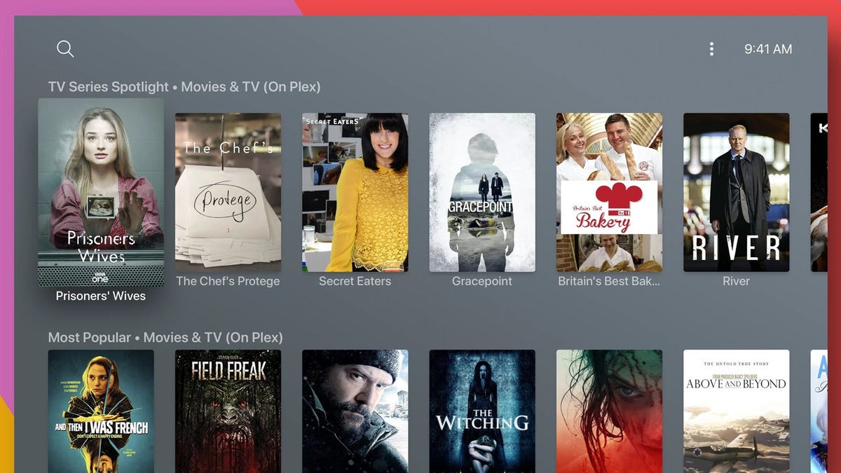 Một loạt các bộ phim và chương trình truyền hình của Plex trên một Apple Giao diện TV.