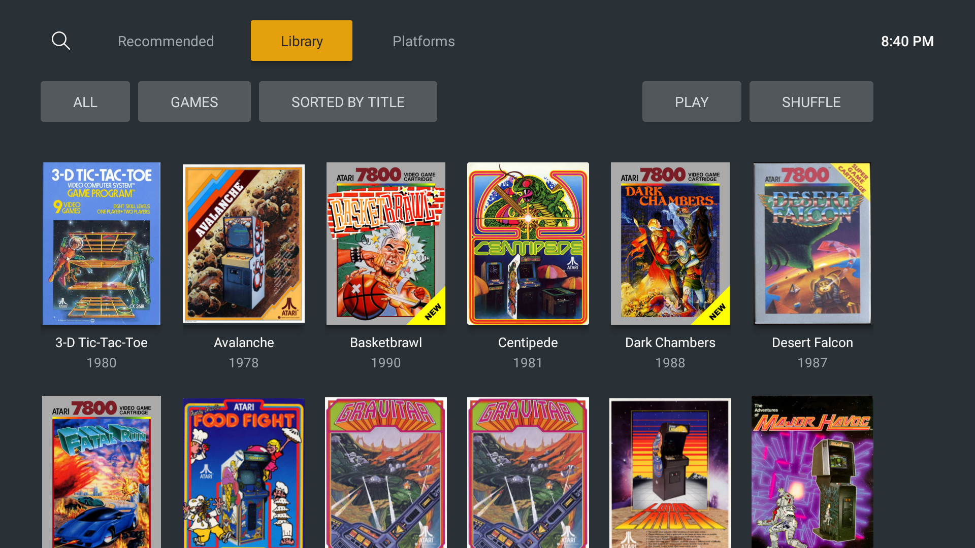 Plex bibliotek fyllt med spelroms från Atari