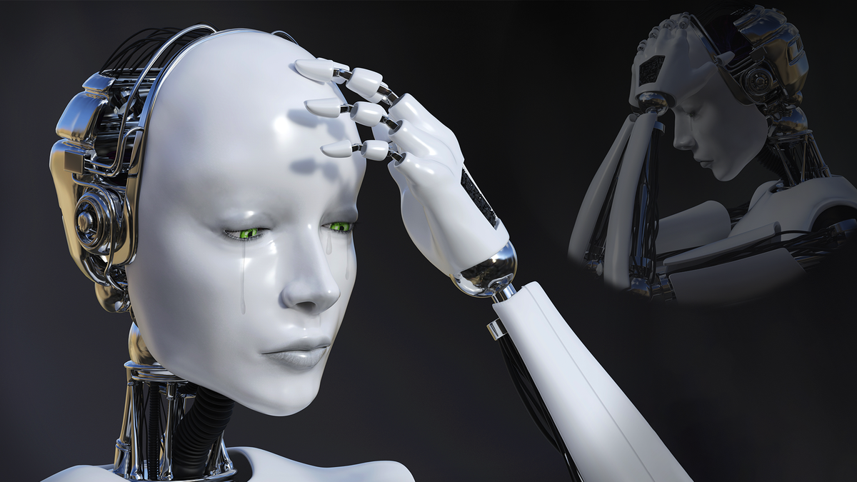 Một android kịch tính đang khóc vì nó không thể sở hữu bằng sáng chế và thiếu các quyền cơ bản của con người.
