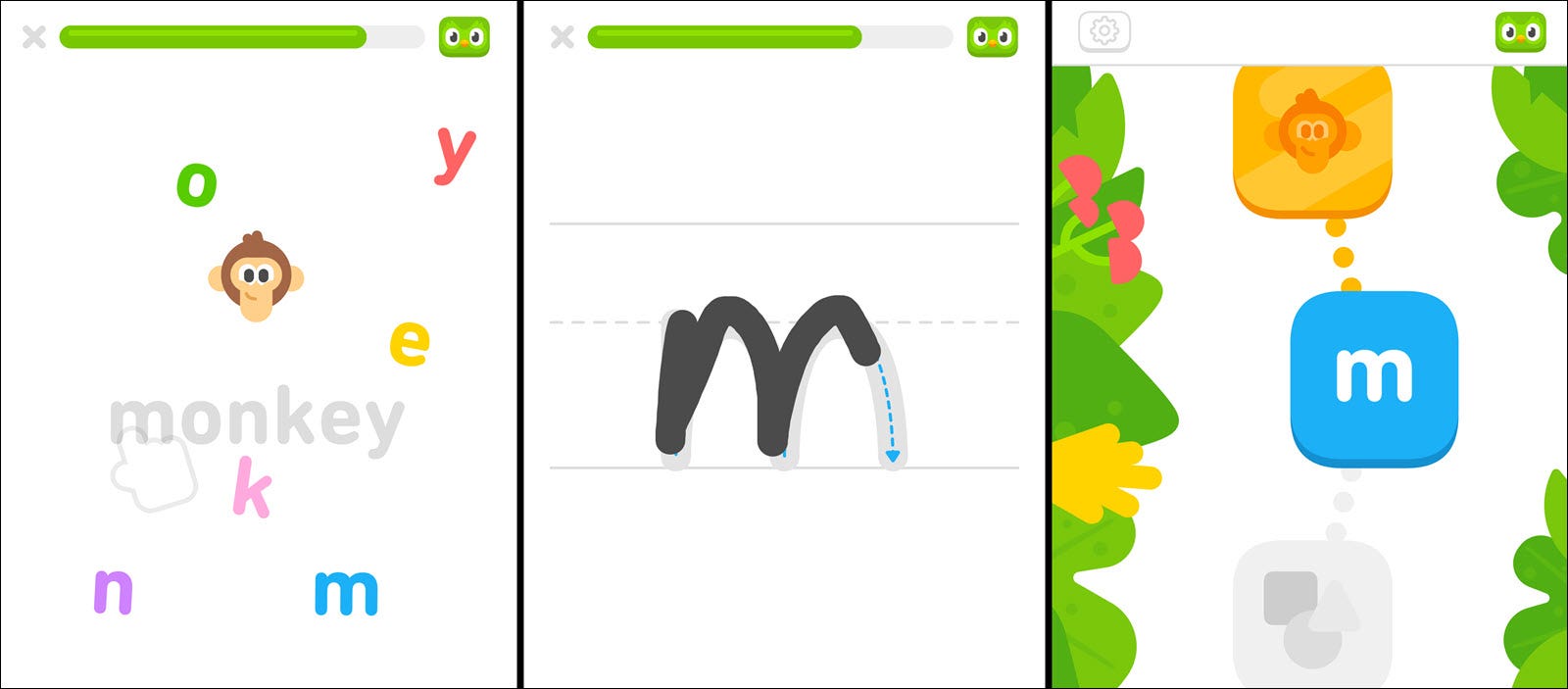 Tiga layar aplikasi Duolingo, satu menampilkan tulisan tangan, satu lagi menampilkan monyet, dan yang ketiga menampilkan rencana pelajaran.