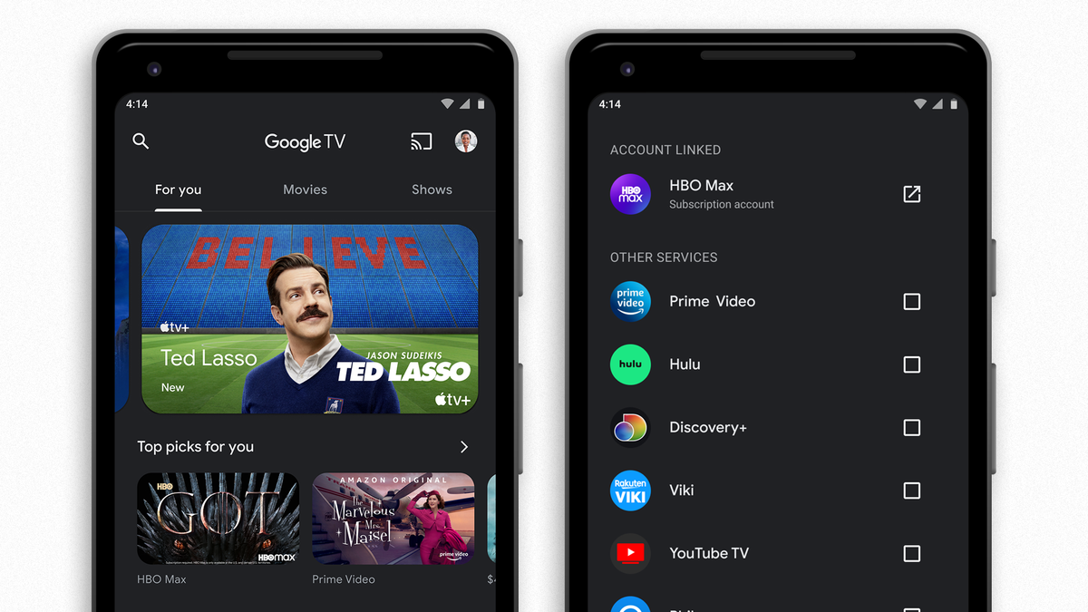 Google TV rekommenderar nya tjänster, tillsammans med inställningarna för hantering av tjänster.