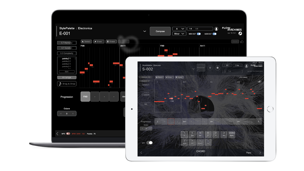 Sony CSL Flow Machines-appen körs på iPad och Mac.