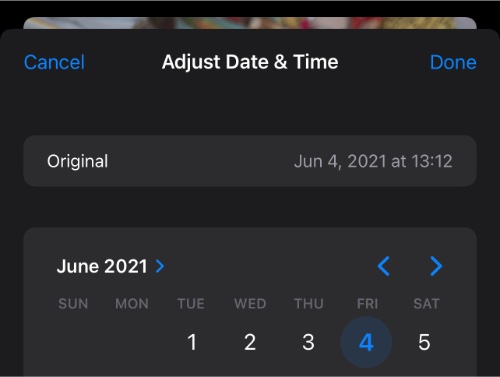 iOS 15 Låter dig flytta ett foto uppåt eller nedåt genom att redigera dess datum