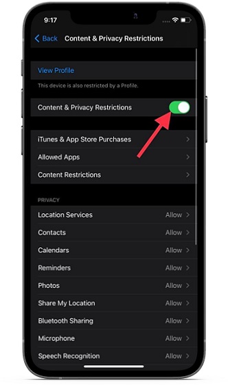 Bật chuyển đổi Nội dung & Quyền riêng tư - chặn Apple Theo dõi quảng cáo trên iPhone và iPad