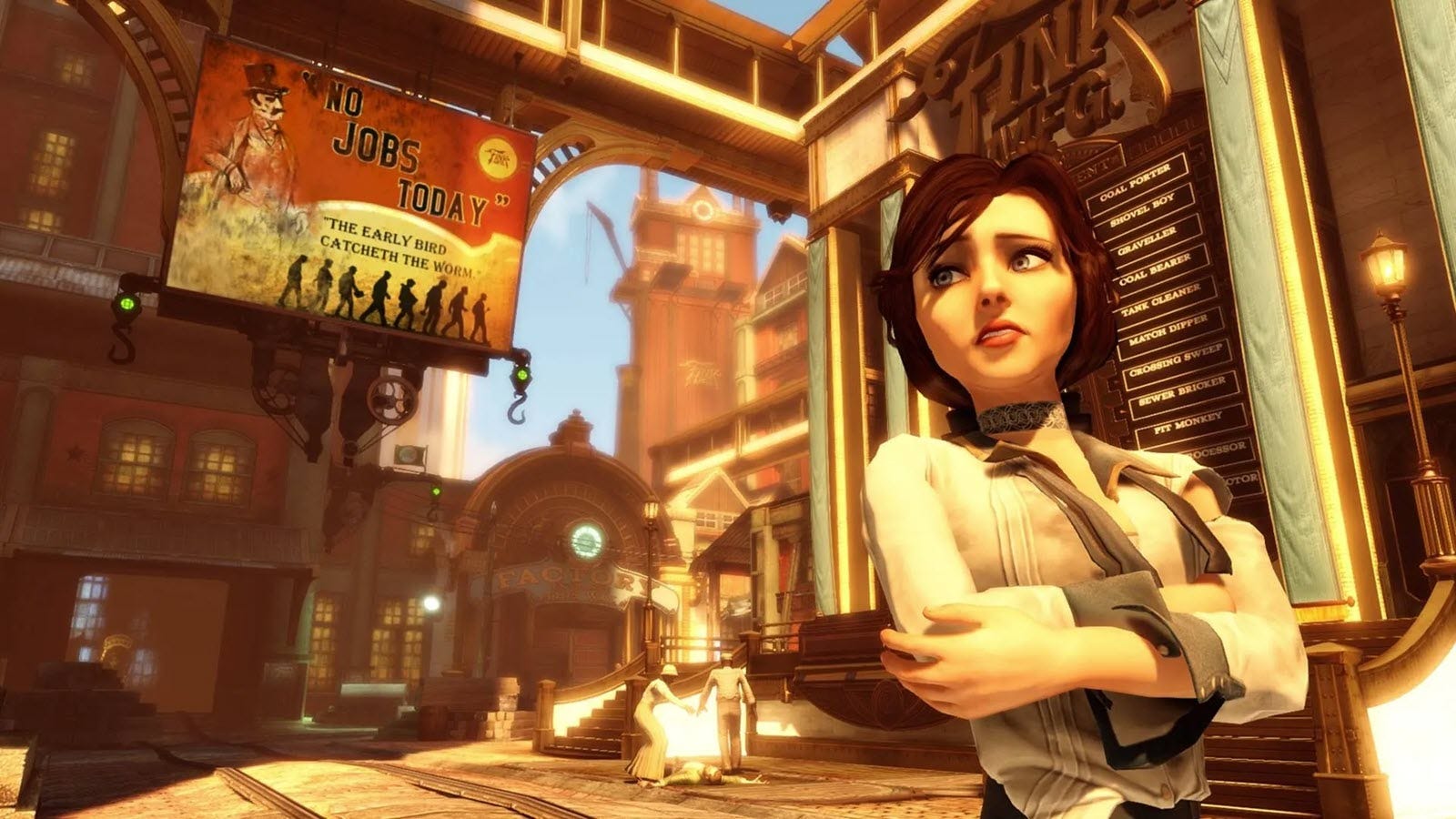 En kvinna tittar ut i fjärran mot en Steampunk-bakgrund.
