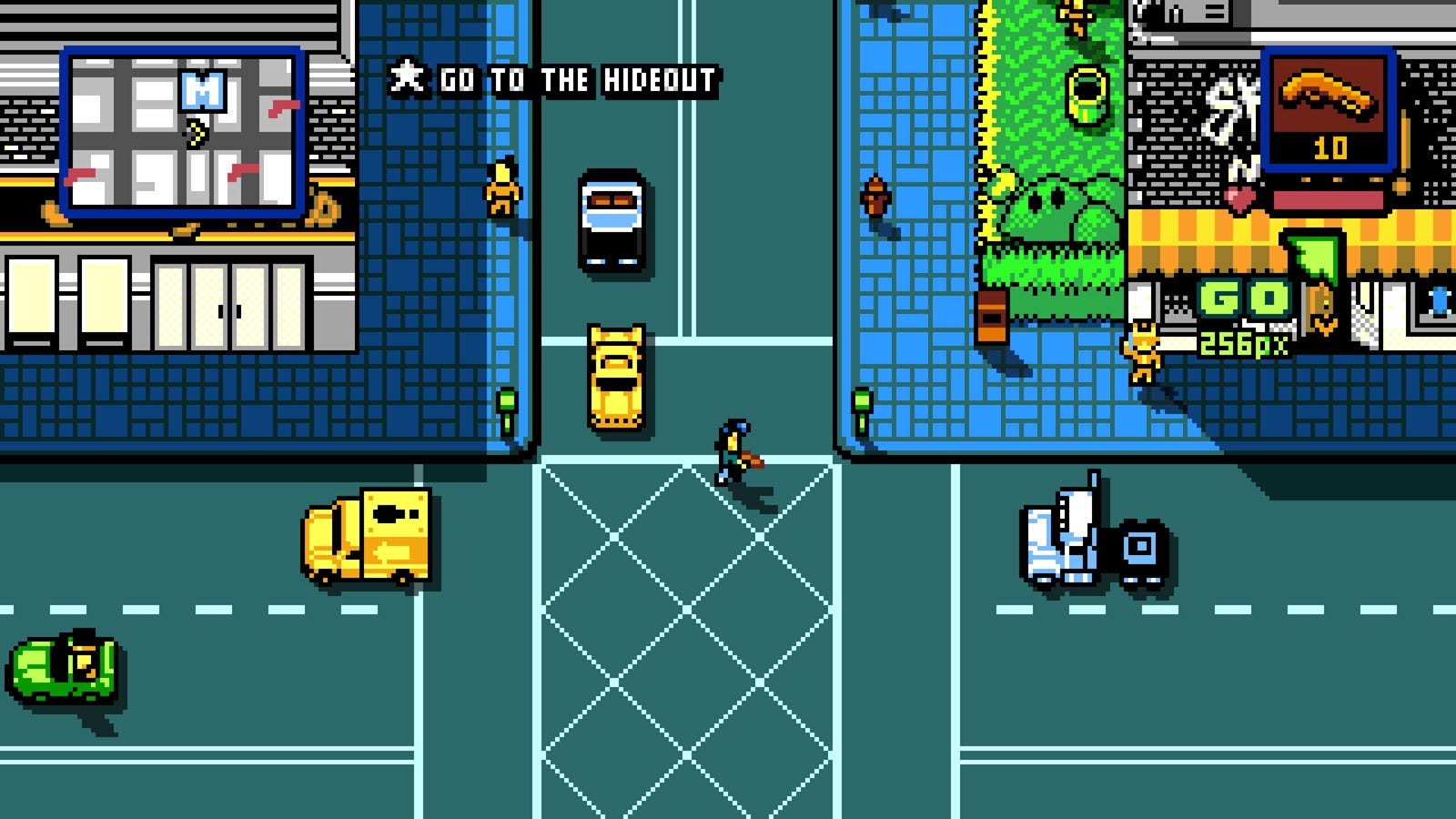 Ett 8-bitars spel med en man som håller en pistol som korsar gatan.