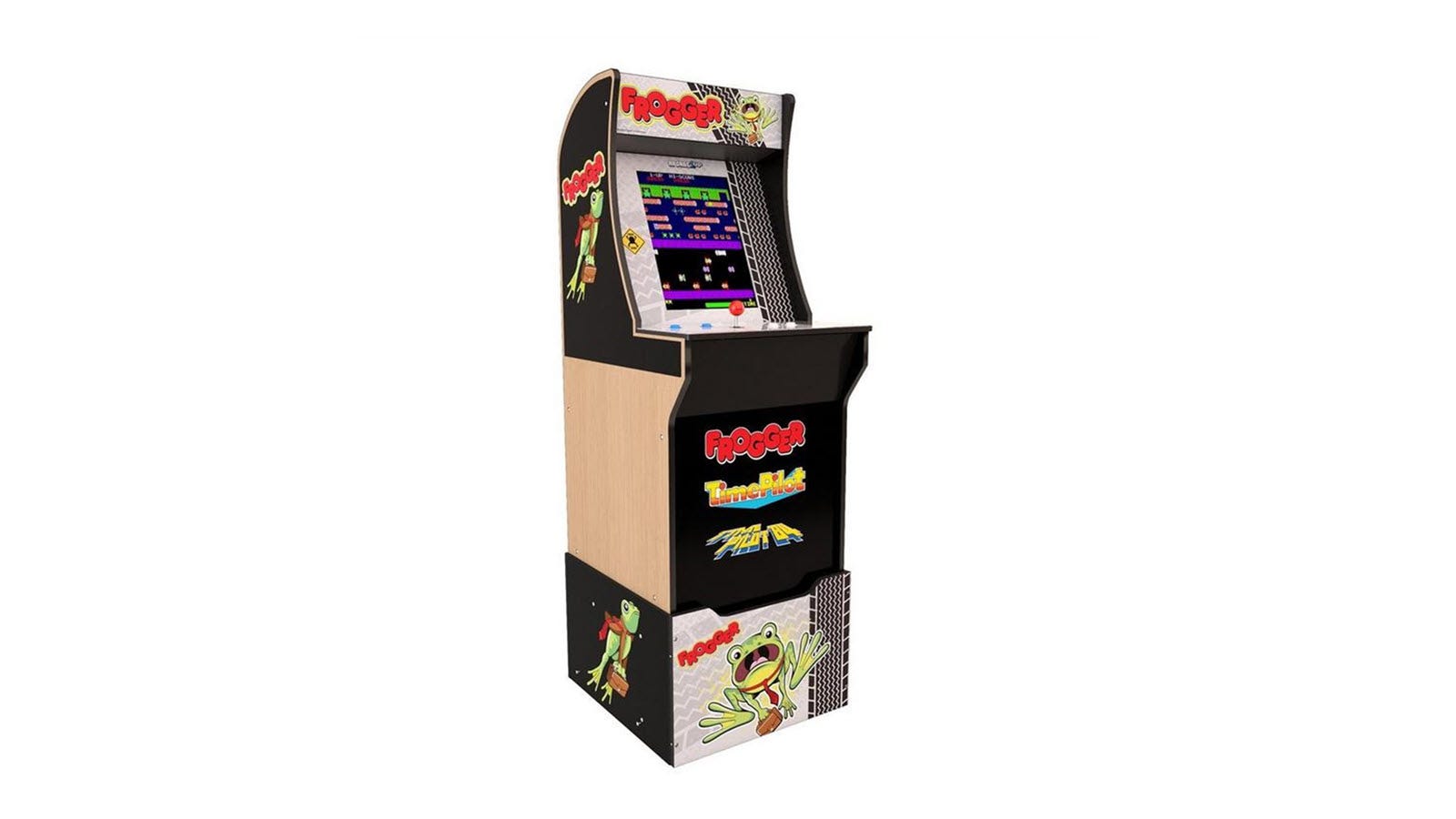 Frogger Arcade1Up-skåp med anpassningsbara spakar och en joystick.