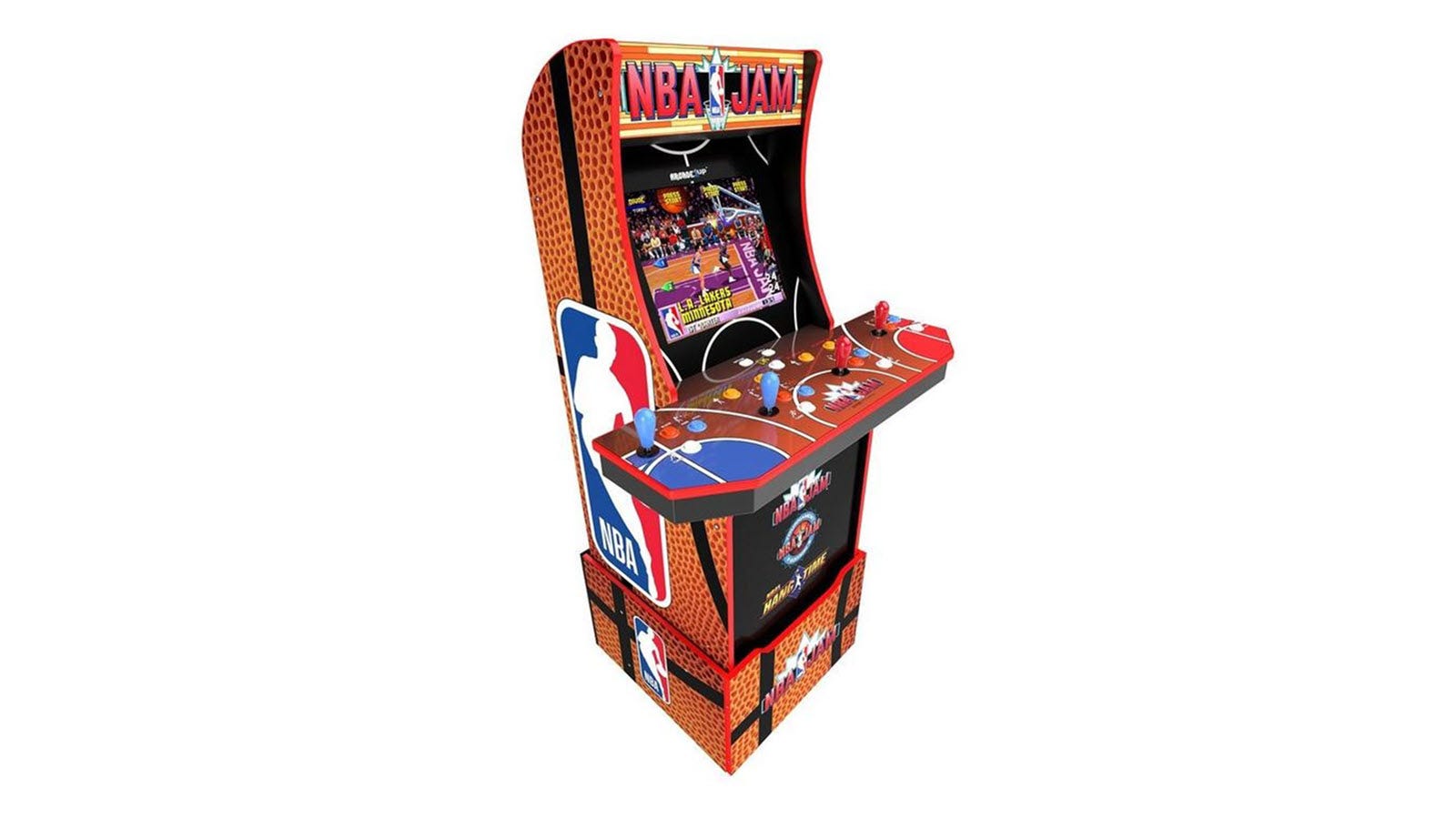 En Arcade1Up NBA Jam Machine med fyra joysticks.