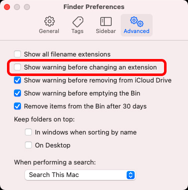 inaktivera filtilläggsändringsvarning på mac