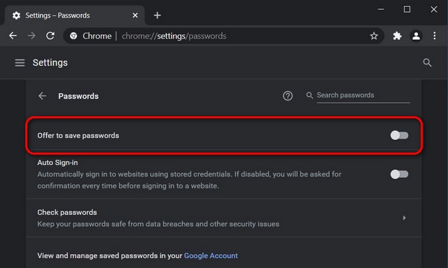 Stäng av Chromes inbyggda lösenordshanterare