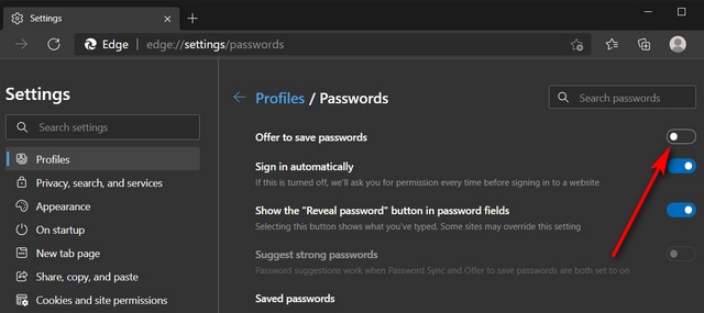 Tắt Trình quản lý mật khẩu tích hợp trong Edge Chromium