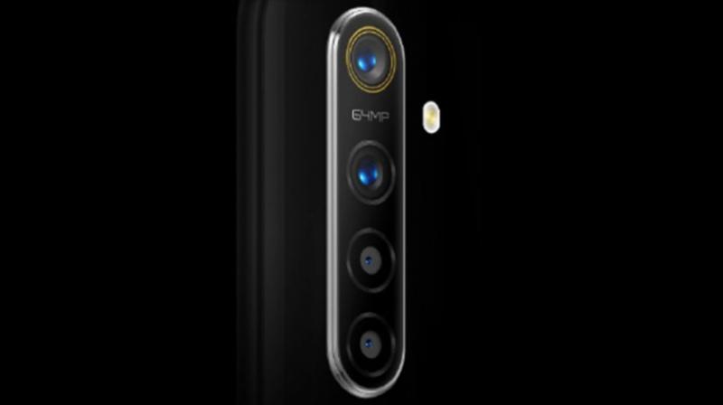 The rear of a Realme smartphone with the main sensor showing off its 64MP branding.
