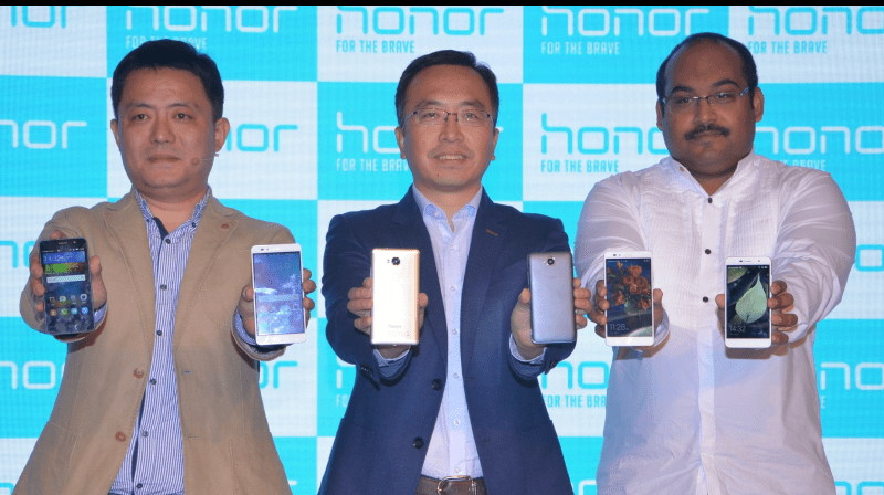 Launch of Honor 5X and Honor Holly 2 Plus by Allen Wang, President of Consumer Business Group, Huawei India, George Zhao, President of Honor and P. Sanjeev, Vice President Sales, Huawei India, Consumer Business Group in New Delhi.