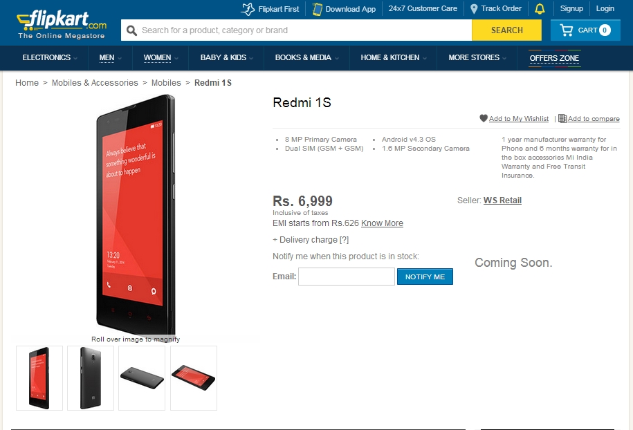 Pembaruan: Peluncuran Xiaomi Redmi 1S India tertunda, terdaftar di Flipkart 3