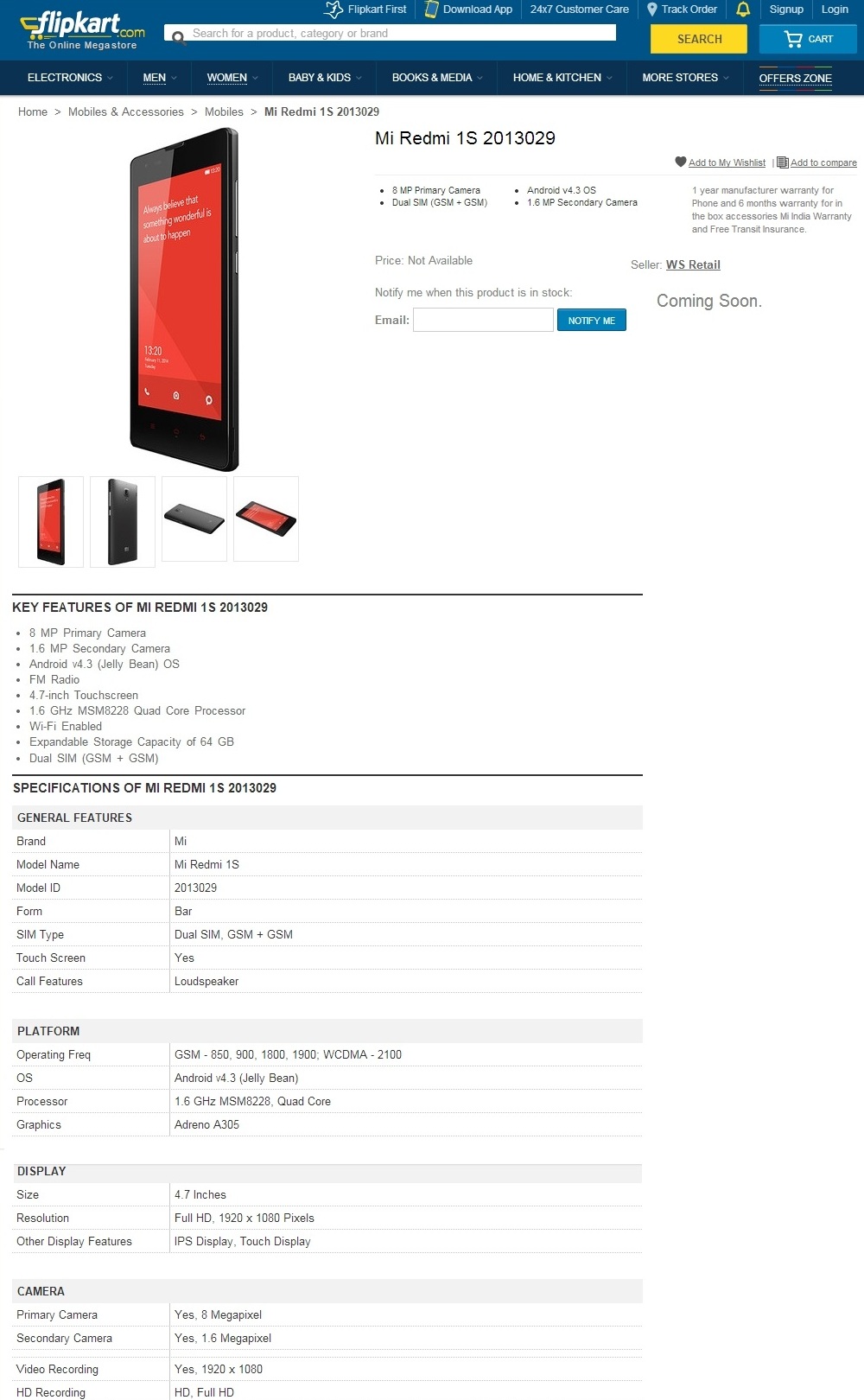 Flipkart mengklaim Xiaomi Mi Redmi 1S memiliki layar full HD 3