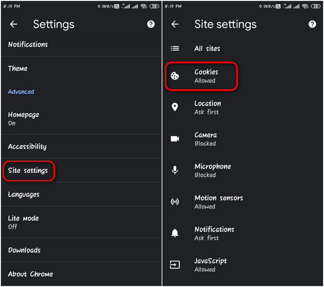 Sekretessinställningar för Google Chrome för Android