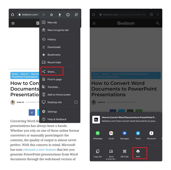in từ chrome cho android
