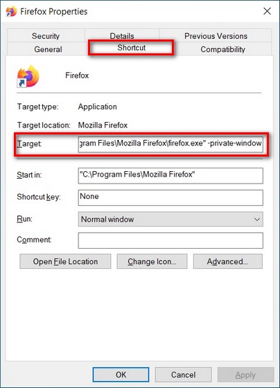 Mở Mozilla Firefox ở Chế độ Riêng tư Ẩn danh