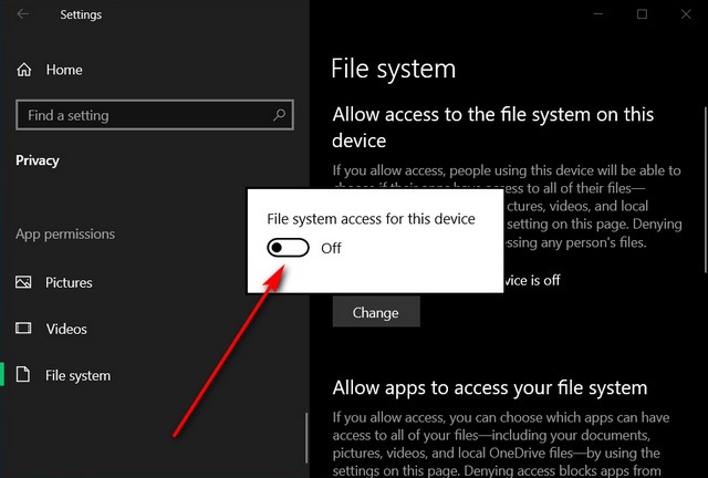 Aktivera eller inaktivera filsystemåtkomst för appar i Windows 10