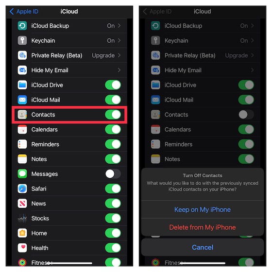 Nonaktifkan / aktifkan kontak iCloud di iOS 15