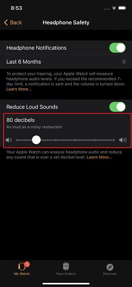 Sử dụng tính năng đo âm thanh tai nghe thời gian thực đang bật Apple Watch