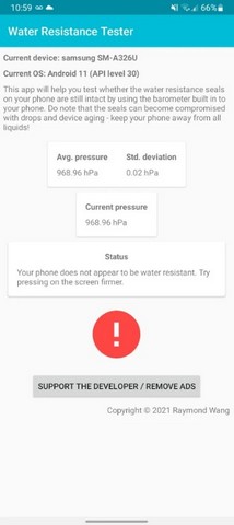 Aplikasi ini memungkinkan Anda untuk menguji ketahanan air ponsel Anda