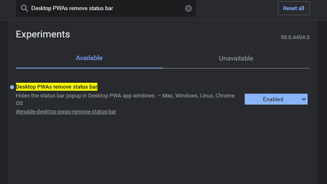 Desktop PWA menghapus bendera bilah status