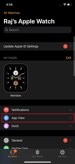Pilih Tampilan Aplikasi di aplikasi jam tangan iOS