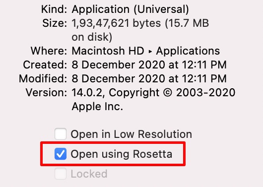 paksa aplikasi berjalan menggunakan rosetta di m1 mac