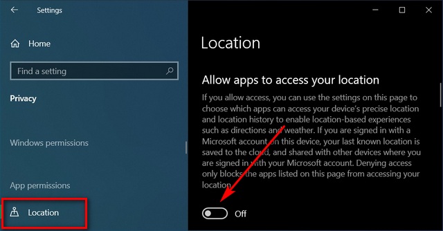 Stäng av platsspårning i Windows 10