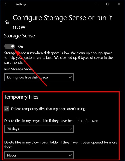 Storage Sense Menghapus file sementara di Windows sepuluh