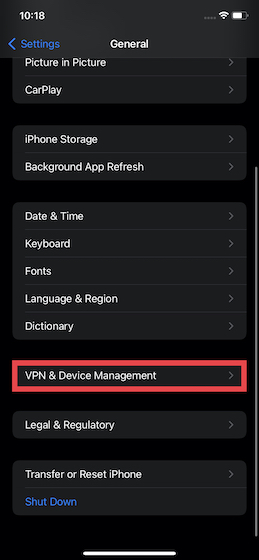 chọn VPN & Quản lý thiết bị