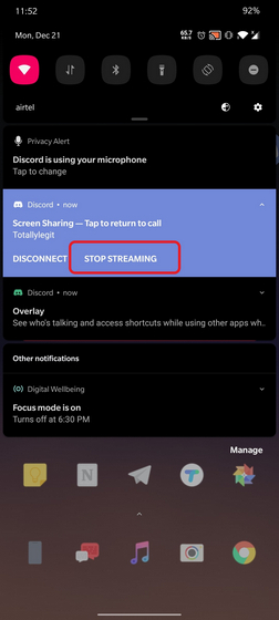 hentikan streaming dari laci notifikasi