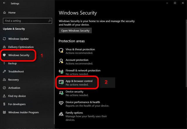 Windows  10 Kiểm soát ứng dụng và trình duyệt