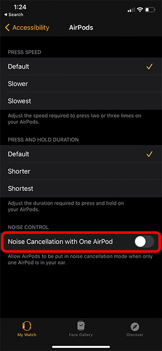 cho phép loại bỏ tiếng ồn với một airpod duy nhất trên Apple Watch với iPhone