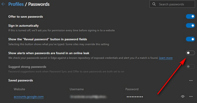 nhận cảnh báo vi phạm mật khẩu trên Microsoft Edge
