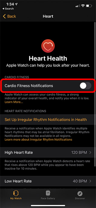 bật thông báo tập thể dục tim mạch apple watch