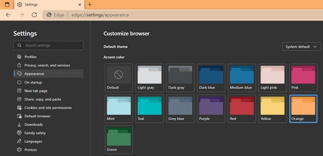 Microsoft Edge dengan pemilih tema warna