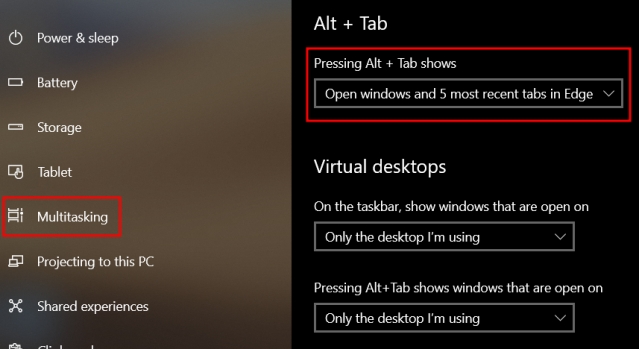 Ta bort Microsoft Edge Tabs från Alt + Tab Switcher