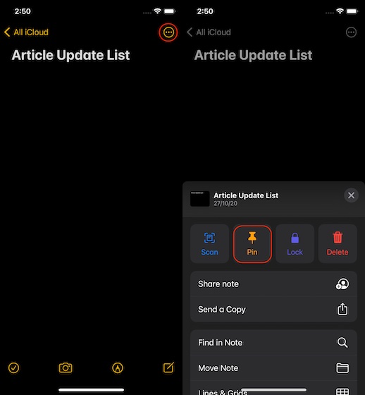 Ghim Note sử dụng menu chia sẻ trên iPhone